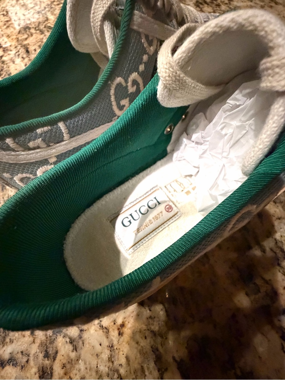 Gucci Women’s Blue GG Canvas Sneakers with Orange Trim and Green Interior - Picture 10 of 11